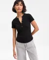 On 34th Women's Roll Cuff Rib-knit Henley T-shirt, Exclusively At Macy's