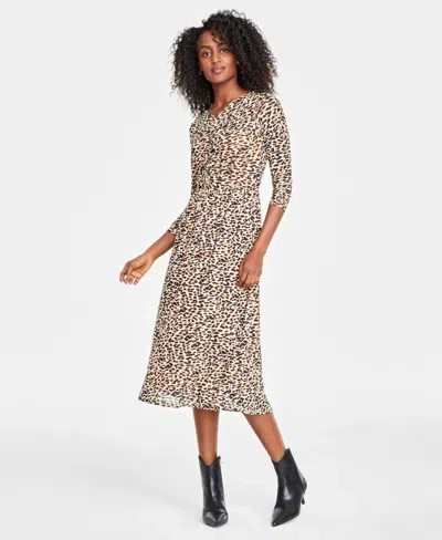 On 34th Womens Leopard Midi Dress Metallic Faux Leather Belt Crossbody Bag Tulip Booties Created For Macys In Sunset Nud