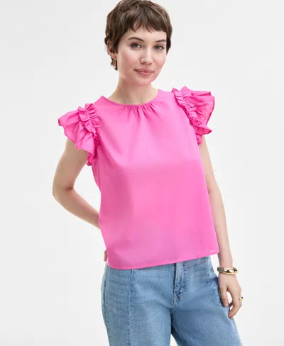 On 34th Women's Ruffle Short-sleeve Voile Top, Created For Macy's In Pink Dazzle