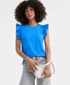 On 34th Trendy Plus Size Flutter-sleeve Crewneck T-shirt, Created For Macy's In Beach Blue