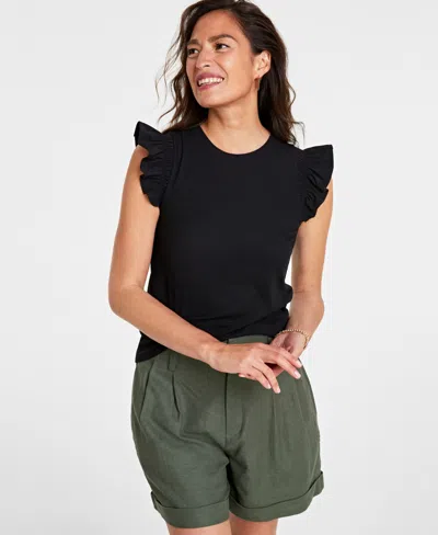 On 34th Women's Ruffle-sleeve Knit Top, Created For Macy's In Deep Black