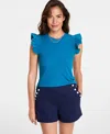 On 34th Trendy Plus Size Flutter-sleeve Crewneck T-shirt, Created For Macy's In Tepid Teal