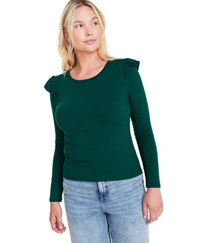 On 34th Women's Ruffle-trim Ribbed Long-sleeve Top, Created For Macy's In Dark Forest