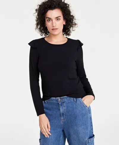 On 34th Women's Ruffle-trim Ribbed Long-sleeve Top, Created For Macy's In Deep Black