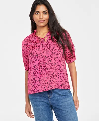 On 34th Women's Ruffle Tie Neck Elbow-sleeve Top, Created For Macy's In Fuchsia Purple Combo