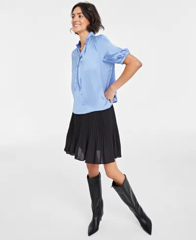 On 34th Women's Ruffle Tie Neck Elbow-sleeve Top, Created For Macy's In Gentle Blue