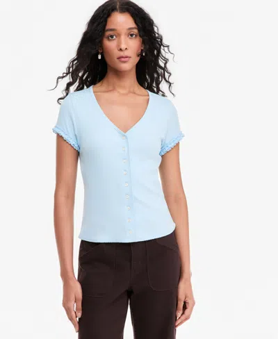 On 34th Women's Ruffle-trim Button-front Short-sleeve Ribbed Top, Macy's Exclusive In Baby Blue Tie