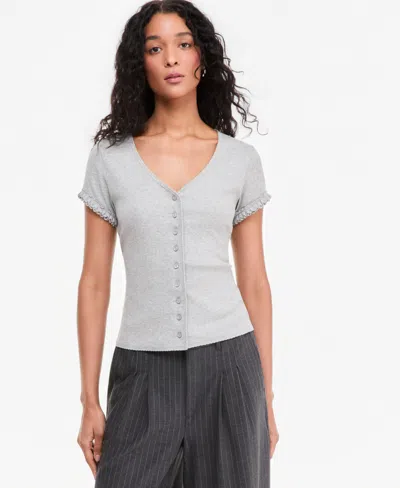 On 34th Women's Ruffle-trim Button-front Short-sleeve Ribbed Top, Macy's Exclusive In Light Grey Heather