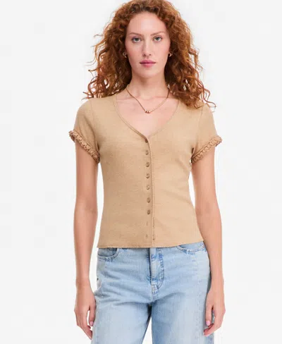 On 34th Women's Ruffle-trim Button-front Short-sleeve Ribbed Top, Macy's Exclusive In Warm Camel Heather