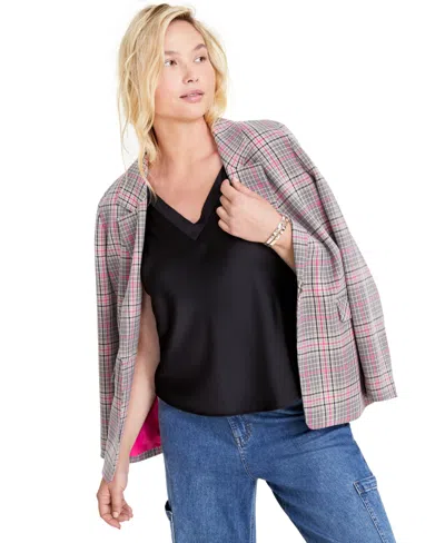 On 34th Women's Satin Double V-neck Tank, Created For Macy's In Deep Black