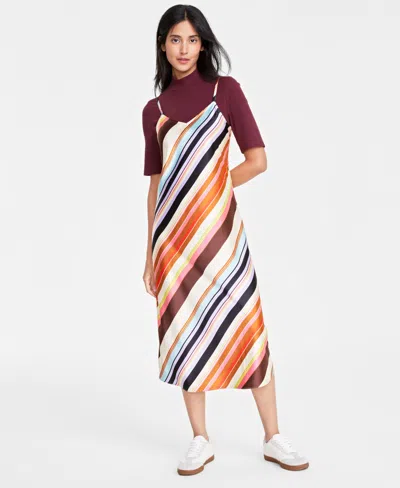 On 34th Women's Satin Midi Slipdress, Created For Macy's In Pastel Rose Tan Combo
