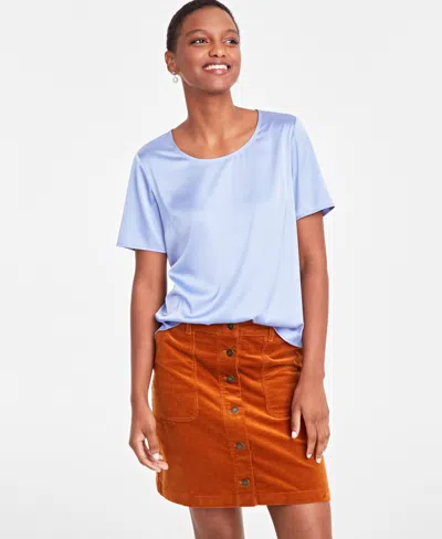 On 34th Women's Satin Relaxed Short-sleeve Top, Created For Macy's In Gentle Blue