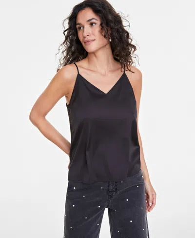 On 34th Women's Satin V-neck Inset-panel Tank, Created For Macy's In Deep Black