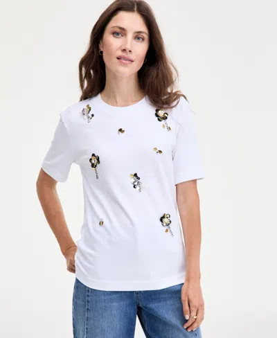 On 34th Women's Scattered-floral-embellished Cotton T-shirt, Macy's Exclusive In Brown
