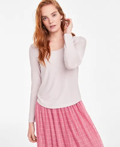 On 34th Women's Scoop-neck Metallic-knit Long-sleeve Top, Created For Macy's In Pale Pink