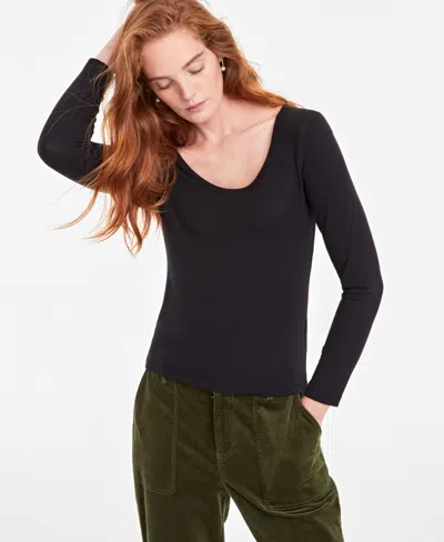 On 34th Women's Scoop-neck Ribbed Long-sleeve Top, Created For Macy's In Deep Black