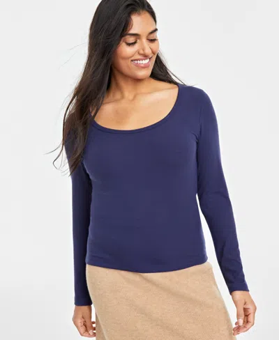 On 34th Women's Scoop-neck Ribbed Long-sleeve Top, Created For Macy's In Intrepid Blue