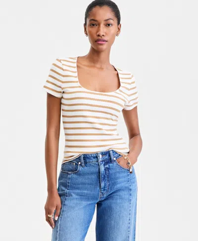 On 34th Women's Scoop-neck Rib Contrast-stitch Top, Macy's Exclusive In Neutral