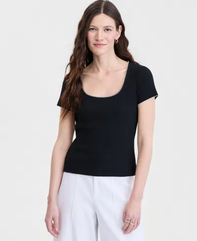 On 34th Women's Scoop-neck Rib Contrast-stitch Top, Macy's Exclusive In Black