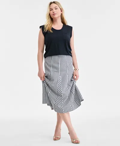 On 34th Trendy Plus Size Gingham Seersucker Midi Skirt, Exclusively At Macy's In Black,whit