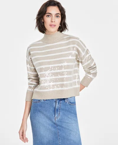 On 34th Women's Sequined Striped Mock-neck Sweater, Created For Macy's In Sandcastle Combo