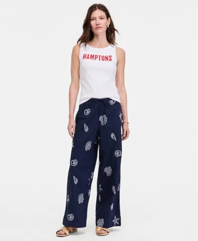 On 34th Women's Shoreline Embroidered Cotton Pull-on Pants, Macy's Exclusive In Blue