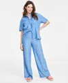 On 34th Womens Ribbed Scoop Neck Tank Top Short Sleeve Button Front Pocket Shirt High Rise Chambray Wide Leg In Spring Wash