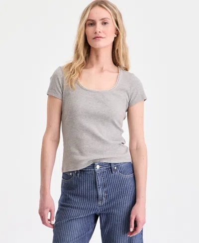 On 34th Women's Short Sleeve Pearl Trim Top, Macy's Exclusive In Gray