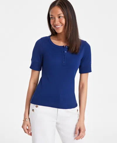 On 34th Women's Short Sleeve Ribbed Henley Tee, Exclusively At Macy's In Blazing Navy