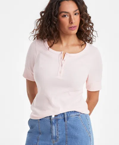 On 34th Women's Short Sleeve Ribbed Henley Tee, Exclusively At Macy's In Silver Heather