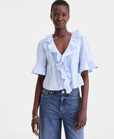 On 34th Women's Short Sleeve Ruffle-front Cotton Blouse, Macy's Exclusive In Blue