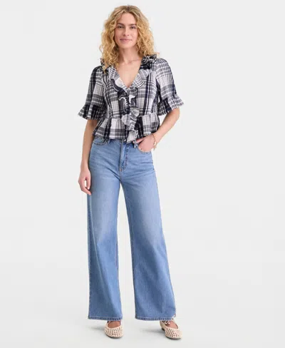 On 34th Women's Short Sleeve Ruffle-front Cotton Blouse, Macy's Exclusive In Gray