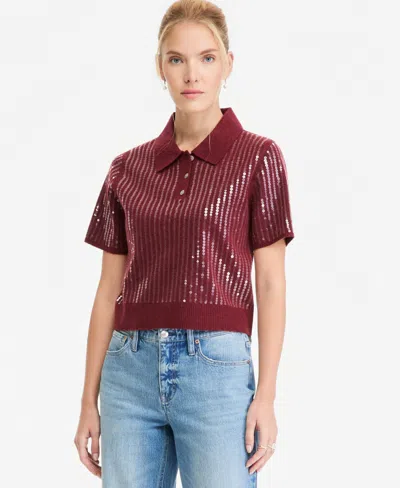 On 34th Women's Short Sleeve Sequin Polo Sweater, Macy's Exclusive In Burgundy