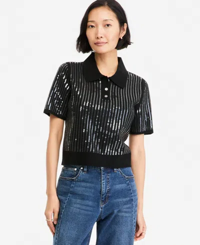 On 34th Women's Short Sleeve Sequin Polo Sweater, Macy's Exclusive In Black