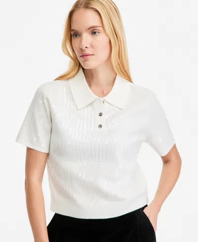 On 34th Women's Short Sleeve Sequin Polo Sweater, Macy's Exclusive In White
