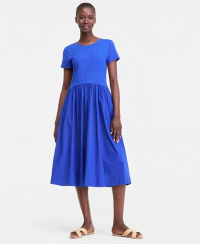 On 34th Women's Short-sleeve Curved-waist Mixed-media Midi Dress, Macy's Exclusive In Blue