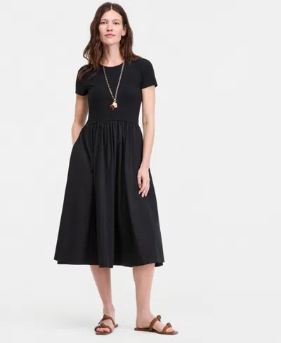 On 34th Women's Short-sleeve Curved-waist Mixed-media Midi Dress, Macy's Exclusive In Black