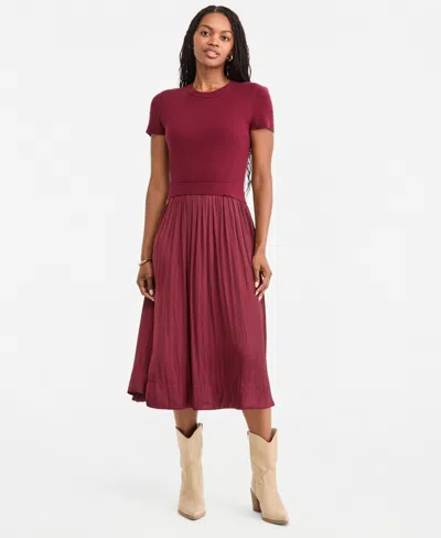 On 34th Women's Short-sleeve Midi Mixed-media A-line Dress, Macy's Exclusive In Dark Rust