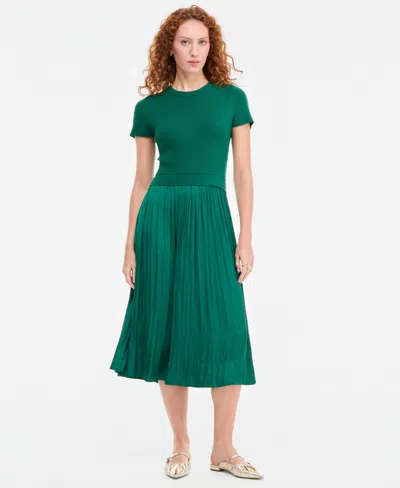 On 34th Women's Short-sleeve Midi Mixed-media A-line Dress, Macy's Exclusive In Green