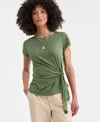 On 34th Trendy Plus Size Elbow-sleeve Tie-waist T-shirt, Exclusively At Macy's In Olivine