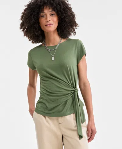 On 34th Trendy Plus Size Elbow-sleeve Tie-waist T-shirt, Exclusively At Macy's In Olivine