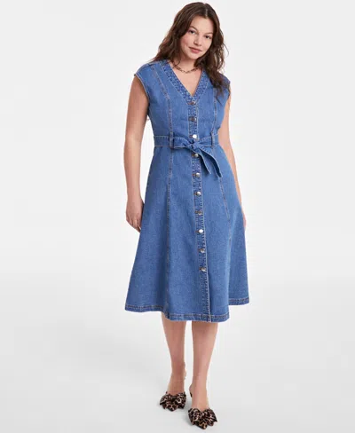 On 34th Women's Sleeveless Belted Denim Midi Dress, Exclusively At Macy's In Bright Medium
