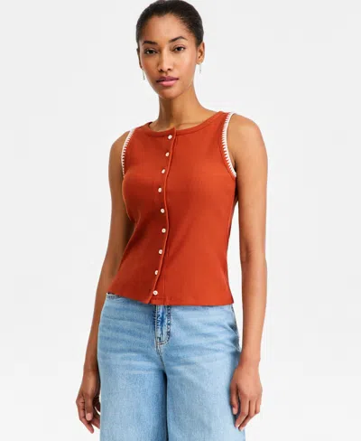 On 34th Women's Sleeveless Rib-knit Whipstitch Button Front Top, Macy's Exclusive In Brown