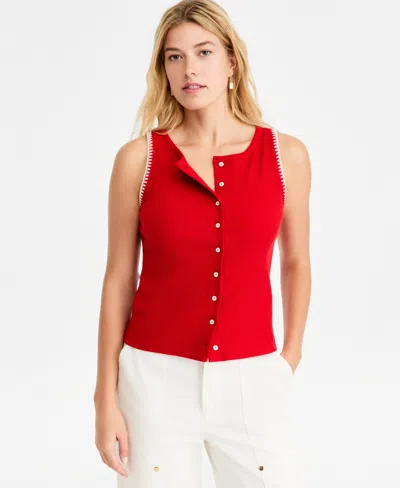 On 34th Women's Sleeveless Rib-knit Whipstitch Button Front Top, Macy's Exclusive In Red