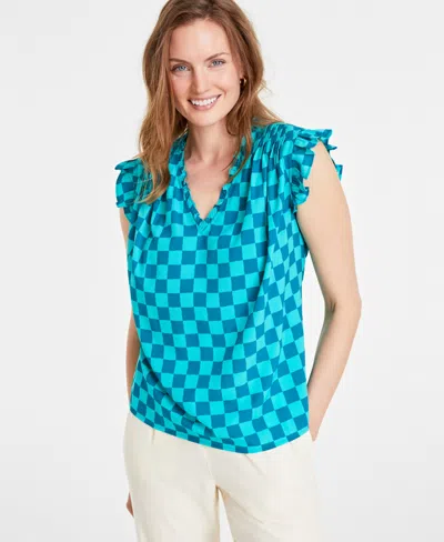 On 34th Women's Sleeveless V-neck Ruffle Top, Created For Macy's In Blue
