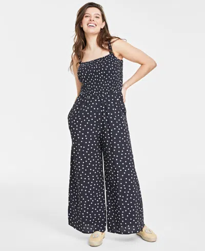 On 34th Women's Smocked Square-neck Jumpsuit, Created For Macy's In Deep Black Combo