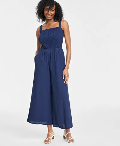 On 34th Women's Smocked Square-neck Jumpsuit, Created For Macy's In Intrepid Blue