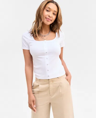 On 34th Women's Snap-front Rib-knit Top, Exclusively At Macy's In Bright White