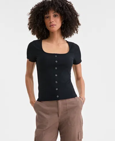On 34th Women's Snap-front Rib-knit Top, Exclusively At Macy's In Deep Black