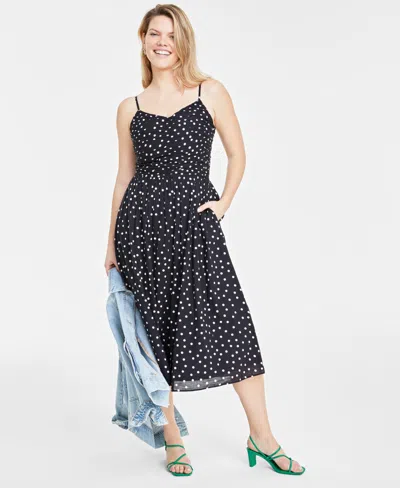 On 34th Trendy Plus Size Polka-dot Ruched Corset Midi Dress, Created For Macy's In Deep Black Combo